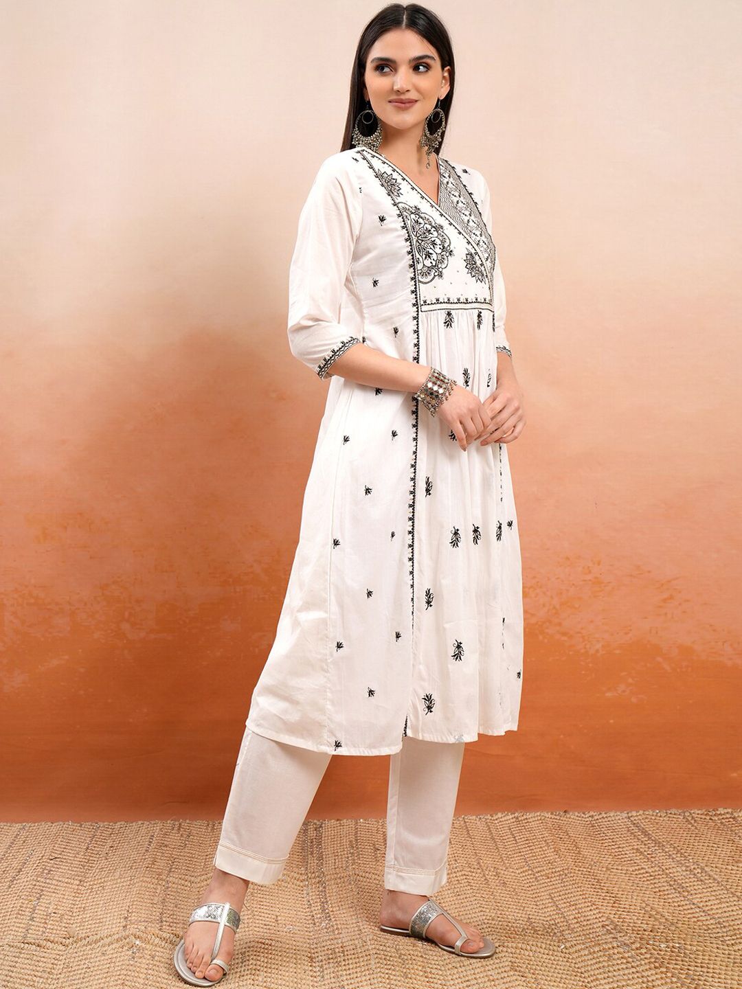 Vishudh Off White Floral Embroidered Pure Cotton Anarkali Kurta With Trousers & Dupatta
