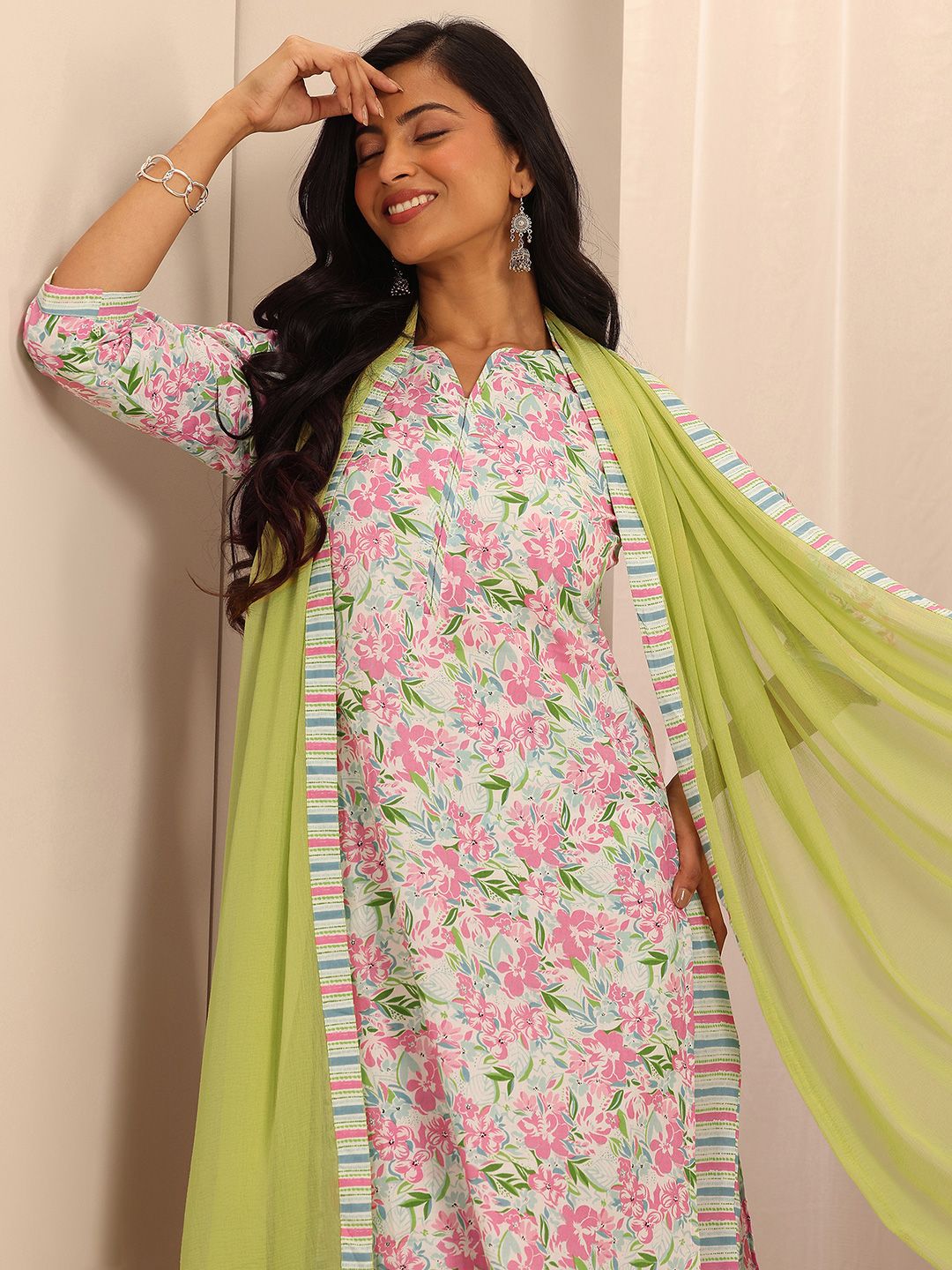 Libas Off white Floral Printed Pure Cotton Straight Kurta With Palazzos & Dupatta