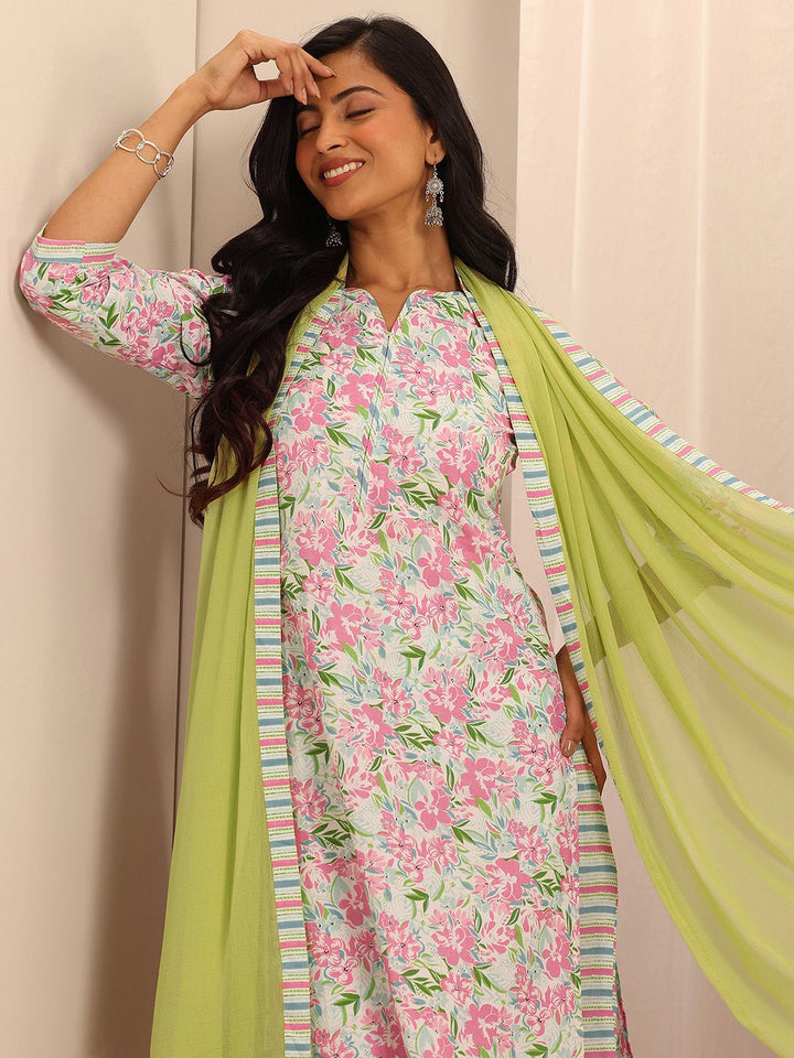 Libas Off white Floral Printed Pure Cotton Straight Kurta With Palazzos & Dupatta