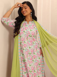 Libas Off white Floral Printed Pure Cotton Straight Kurta With Palazzos & Dupatta