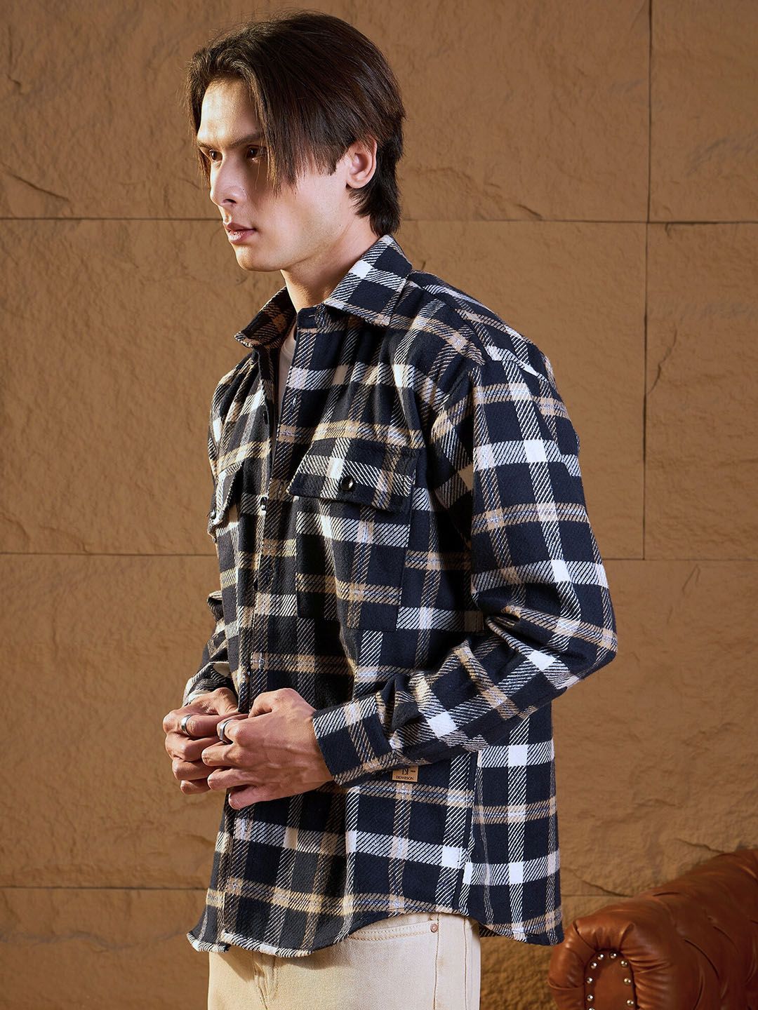 DENNISON Men Double Pocket Drop Shoulder Oversized Cotton Checked Shacket