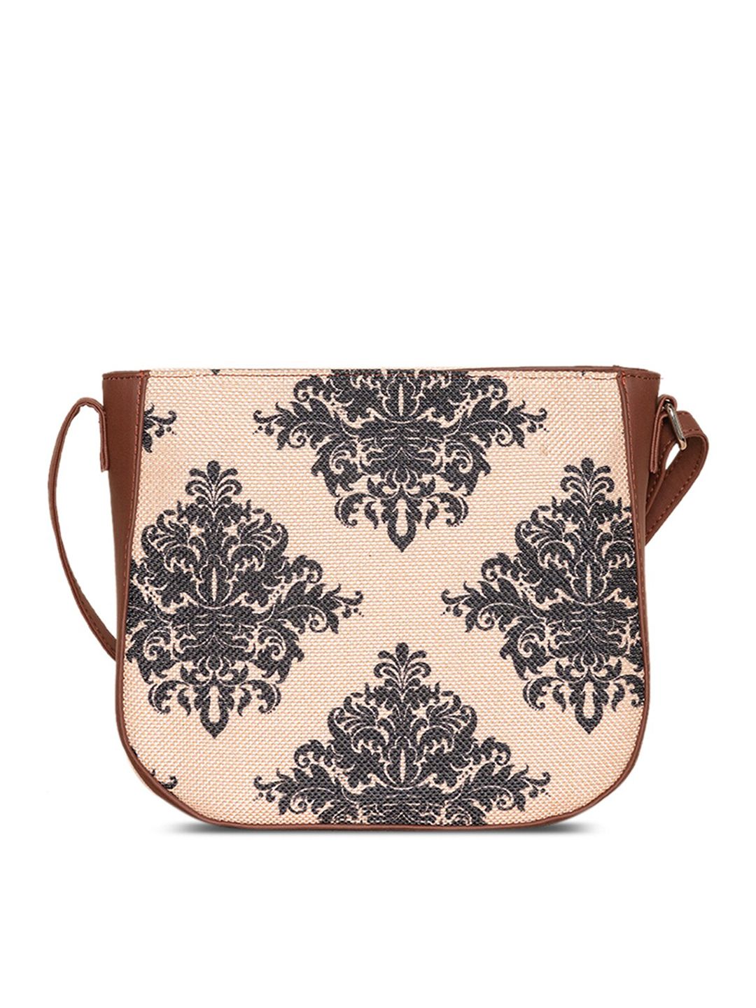 ZOUK Peach-Coloured Floral Printed Structured Sling Bag