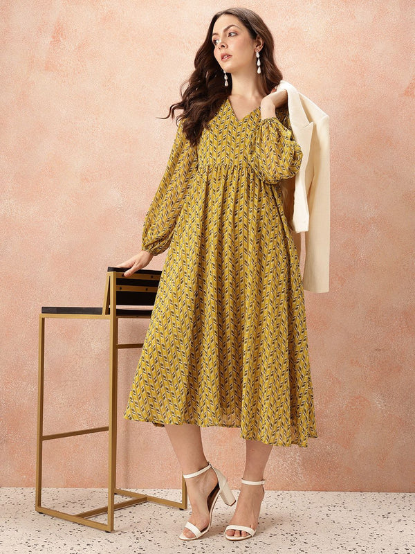 all about you Geometric Print Puff Sleeve Fit & Flare Midi Dress