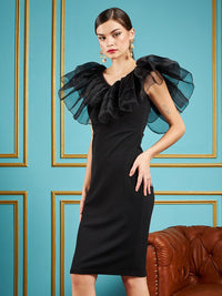 SASSAFRAS Black V-Neck Flutter Sleeve Ruffles Detail Sheath Dress