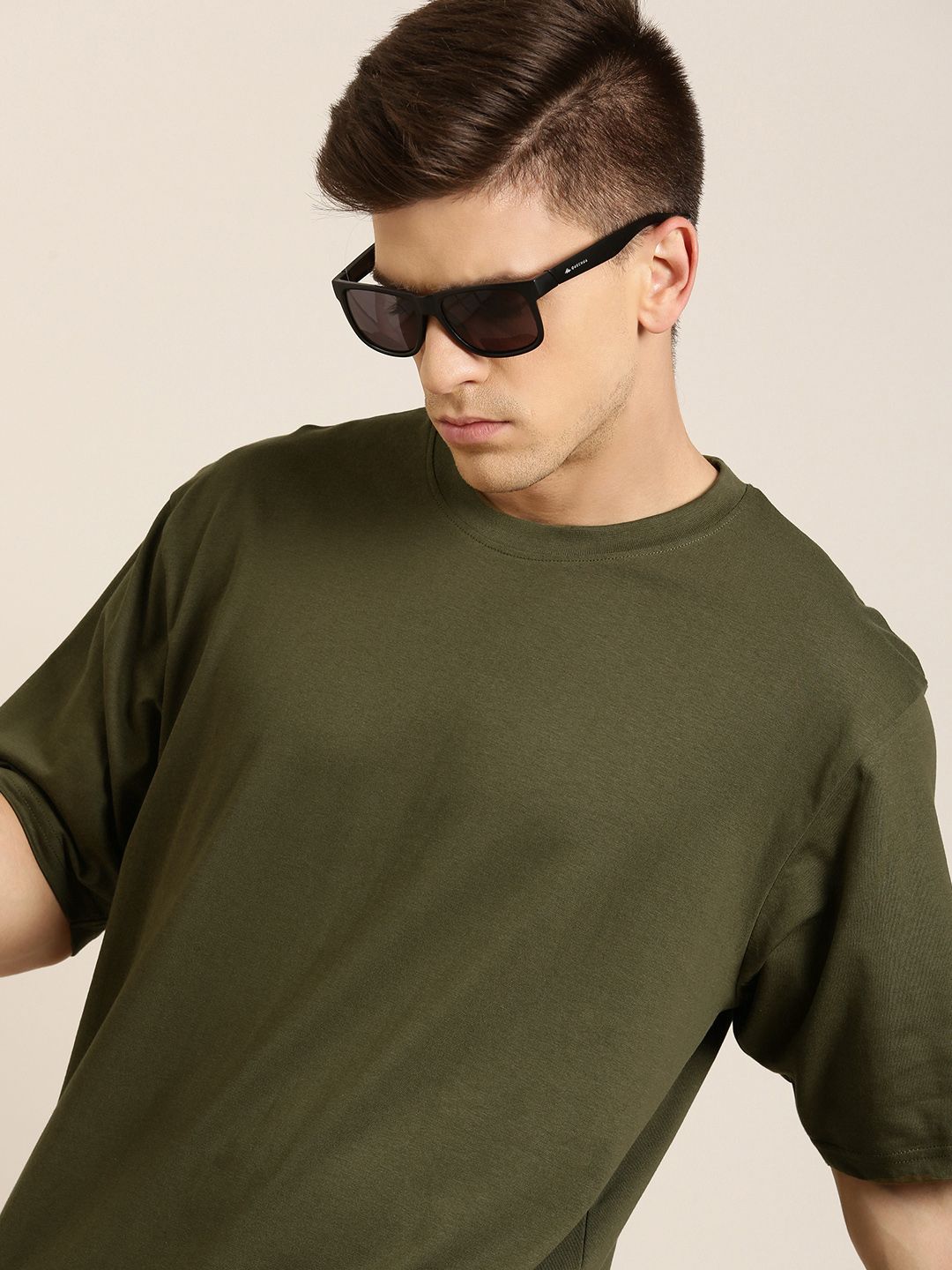 DILLINGER Men Olive Green Pure Cotton Drop-Shoulder Sleeves Oversized Fit T-shirt