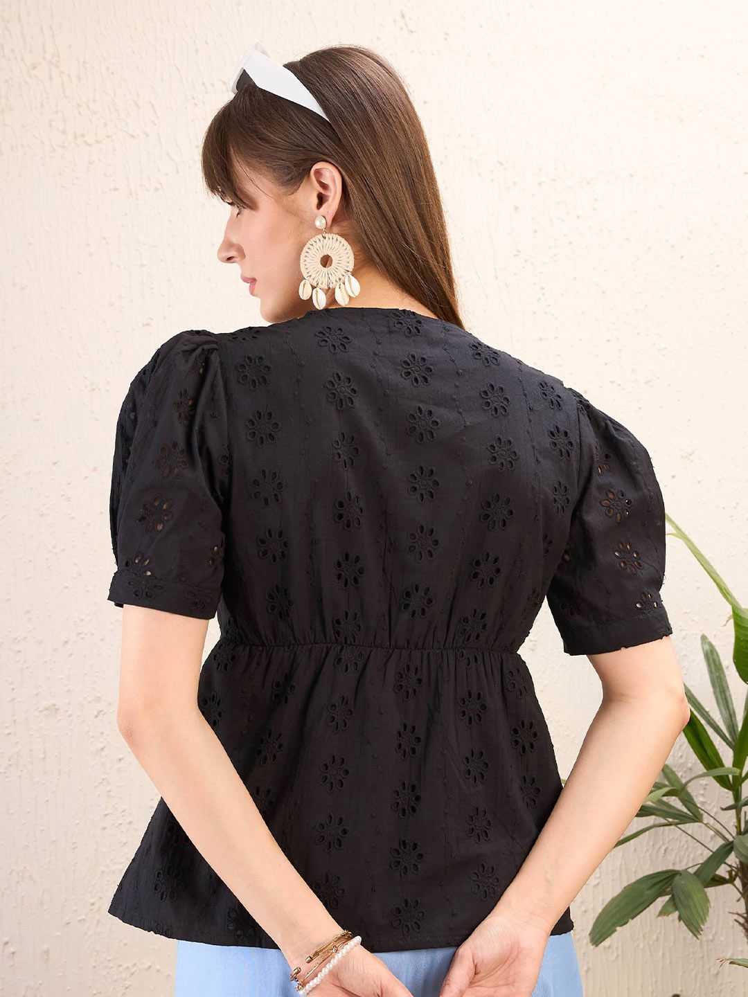 SASSAFRAS Black Self Design Schiffli Cotton Peplum Wrap Top