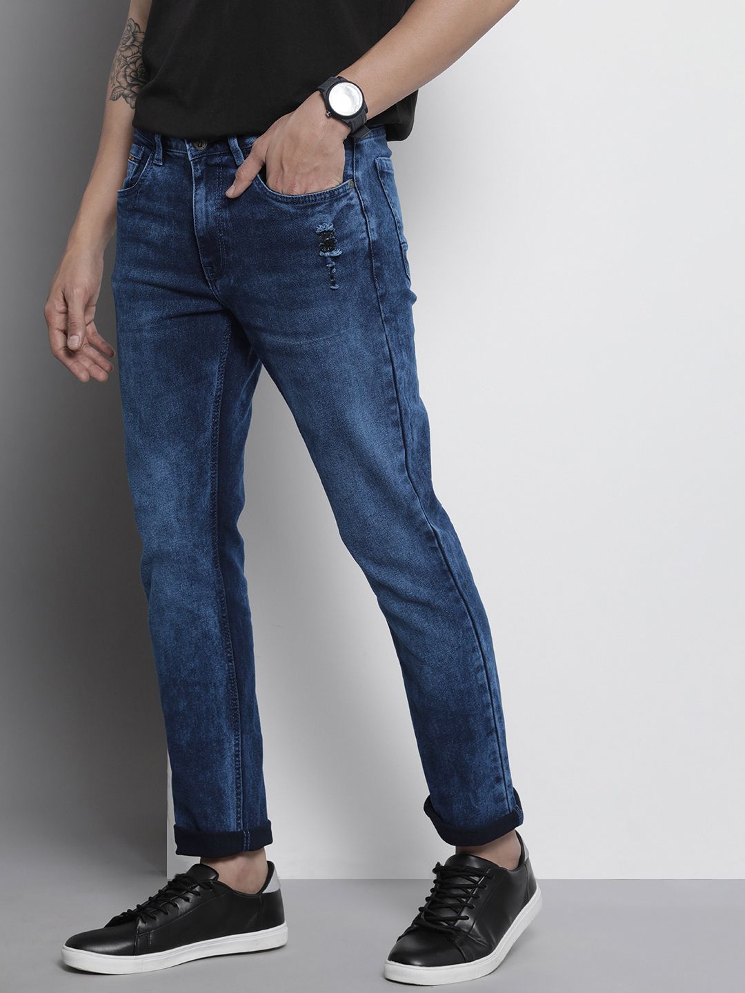The Indian Garage Co Men Navy Blue Slim Straight Fit Light Fade Stretchable Jeans