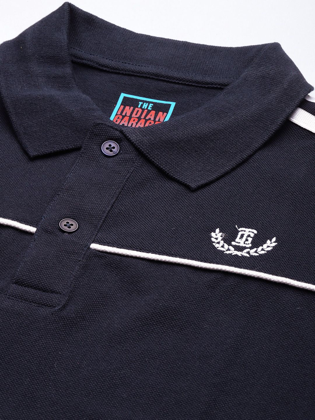 The Indian Garage Co Men Navy Blue Solid Polo Collar Applique Detail Slim Fit T-shirt