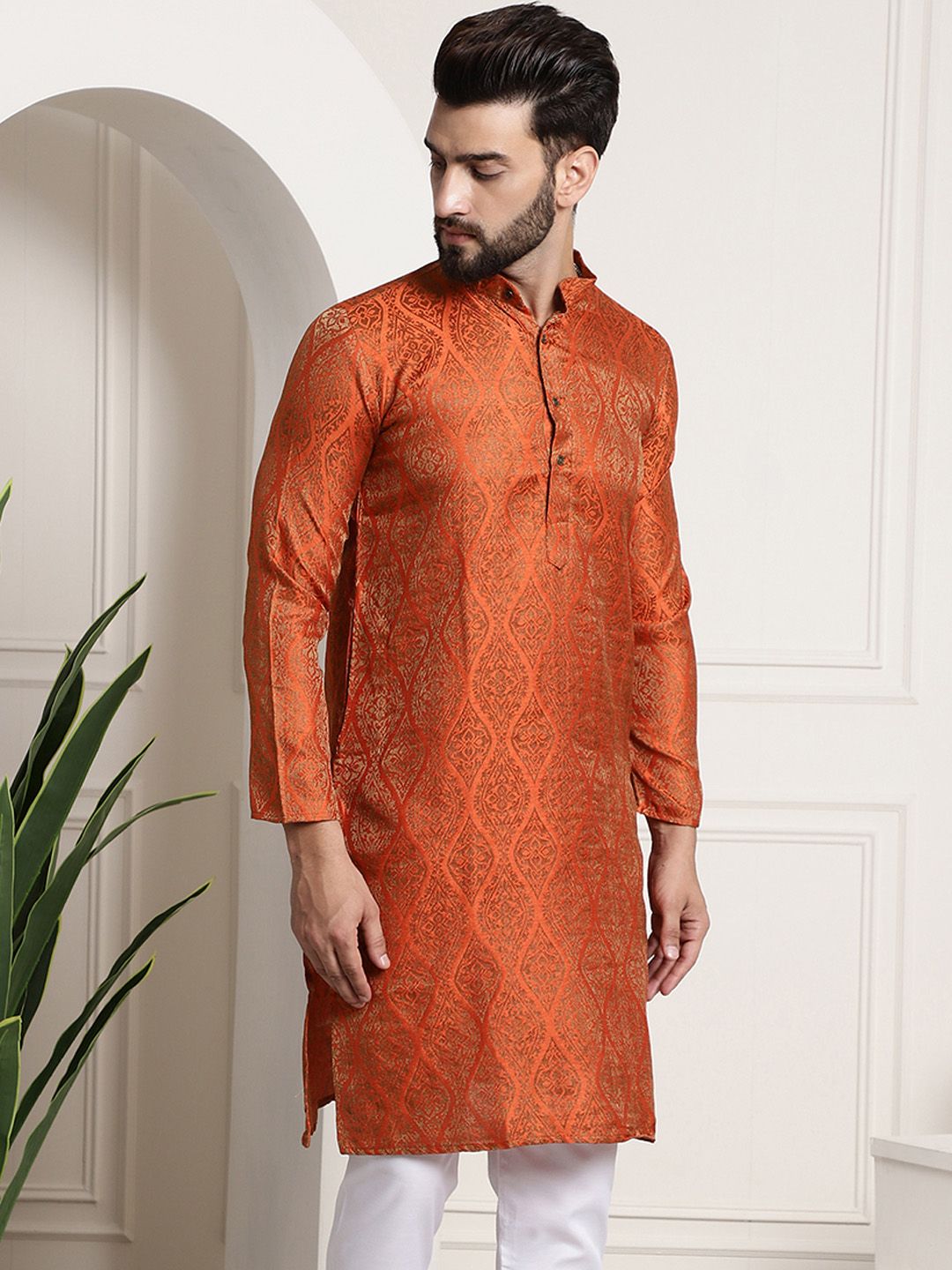 Sojanya Men Orange & Golden Ethnic Motifs Jacquard Kurta