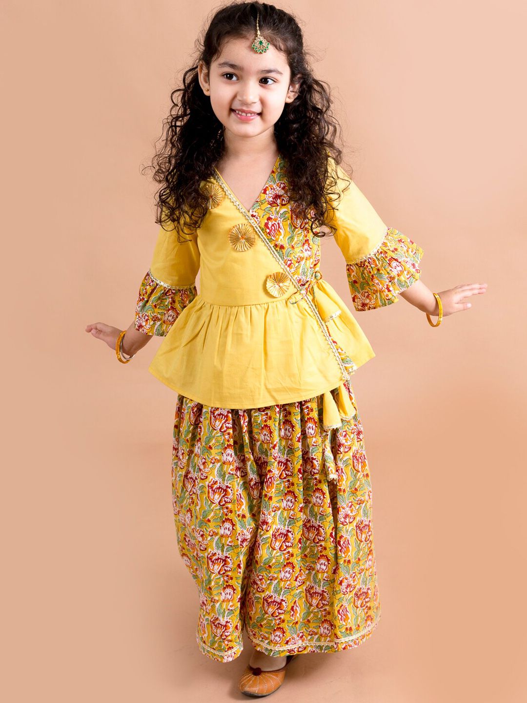 pspeaches Girls Mustard Yellow Floral Printed Angrakha Gotta Patti Pure Cotton Kurti with Palazzos