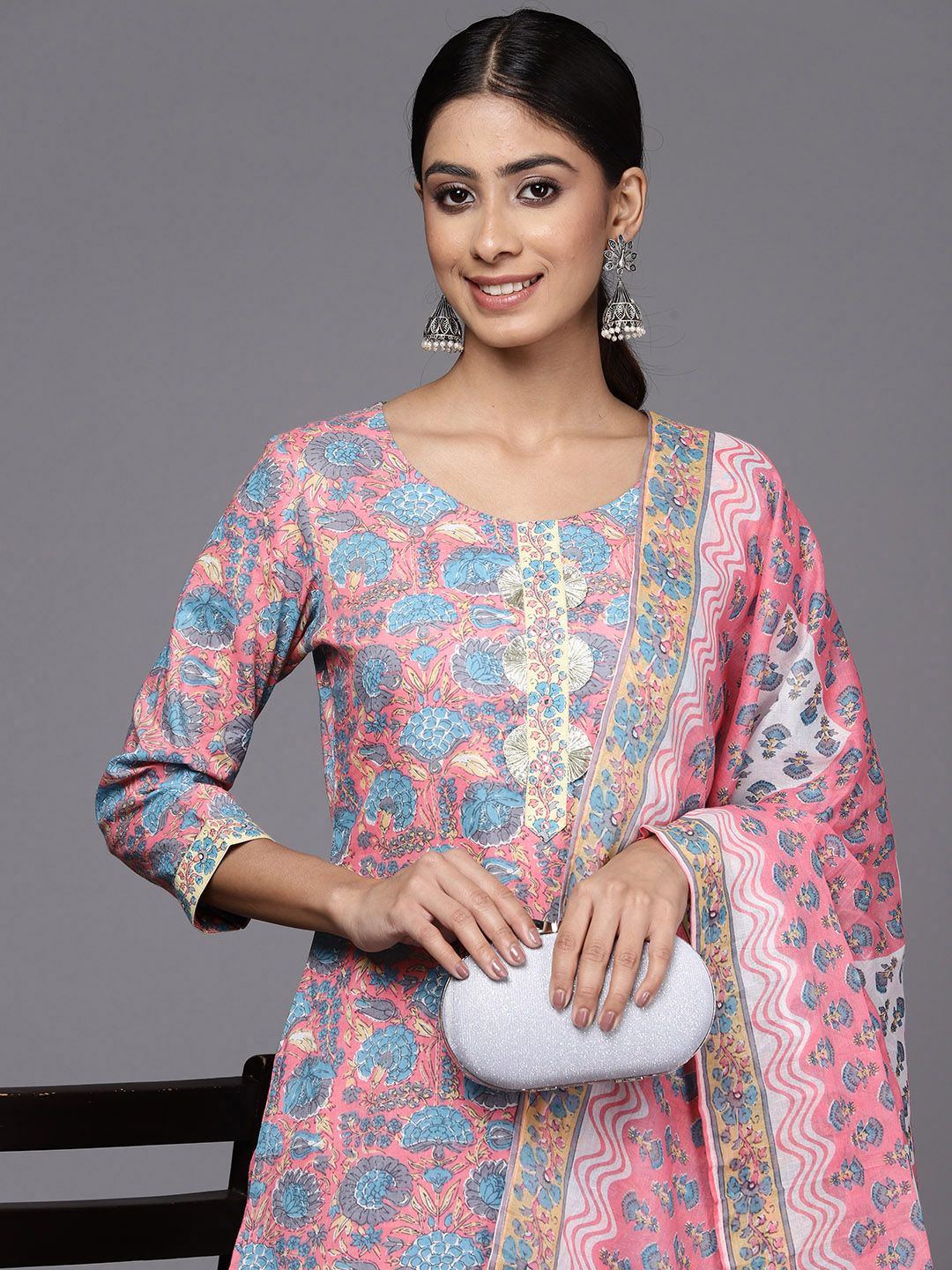 Libas Women Floral Printed Gotta Patti Pure Cotton Kurta with Trousers & With Dupatta