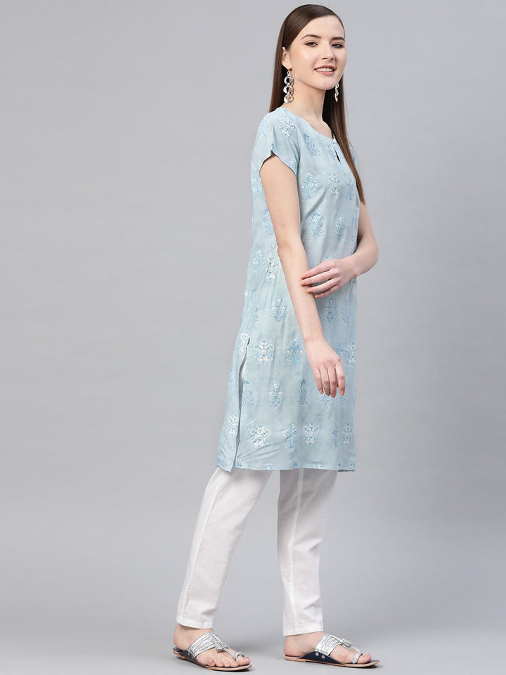 W Women Blue Printed Straight Kurta