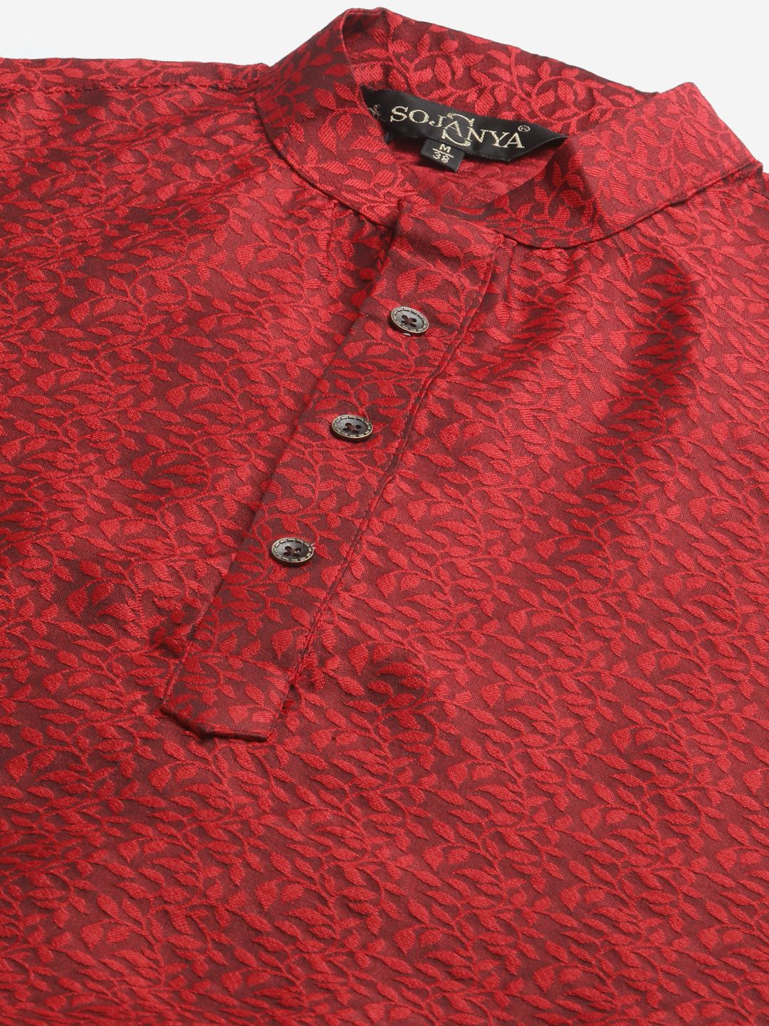 SOJANYA Men Red & Beige Ethnic Motifs Woven Design Kurta with Churidar & Nehru Jacket