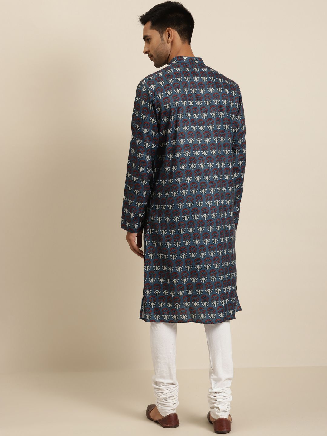 SOJANYA Men Teal Blue & Maroon Ethnic Motifs Printed Cotton Straight Kurta