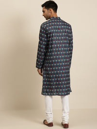SOJANYA Men Teal Blue & Maroon Ethnic Motifs Printed Cotton Straight Kurta