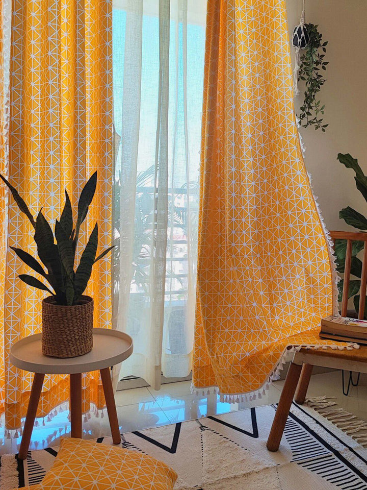 URBAN SPACE Boho Yellow & White Geometric Printed Cotton Long Door Curtain
