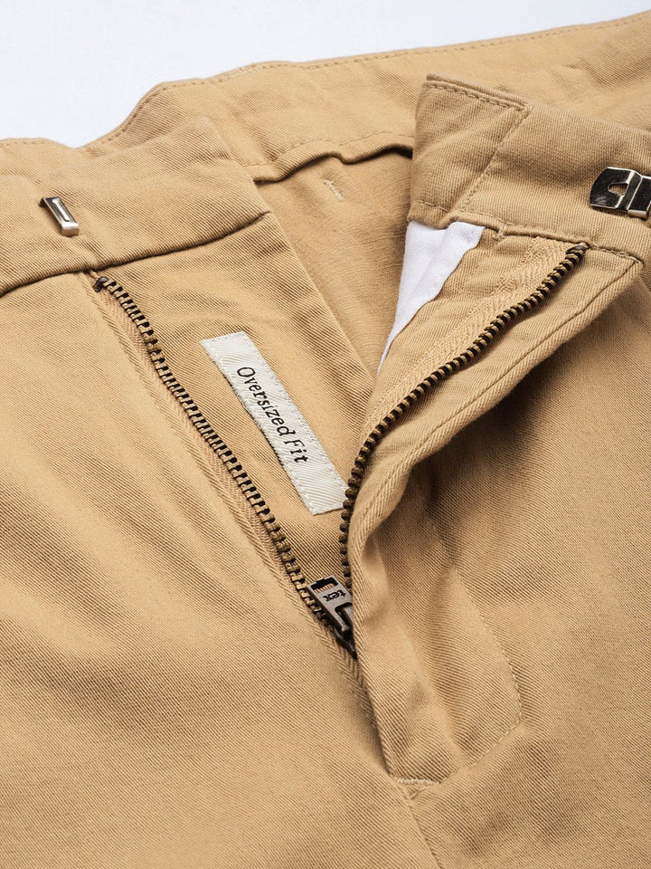 Mr Bowerbird Men Dark Beige Oversized Fit Mid-Rise Elephant Ankle Woven Pleated Trousers
