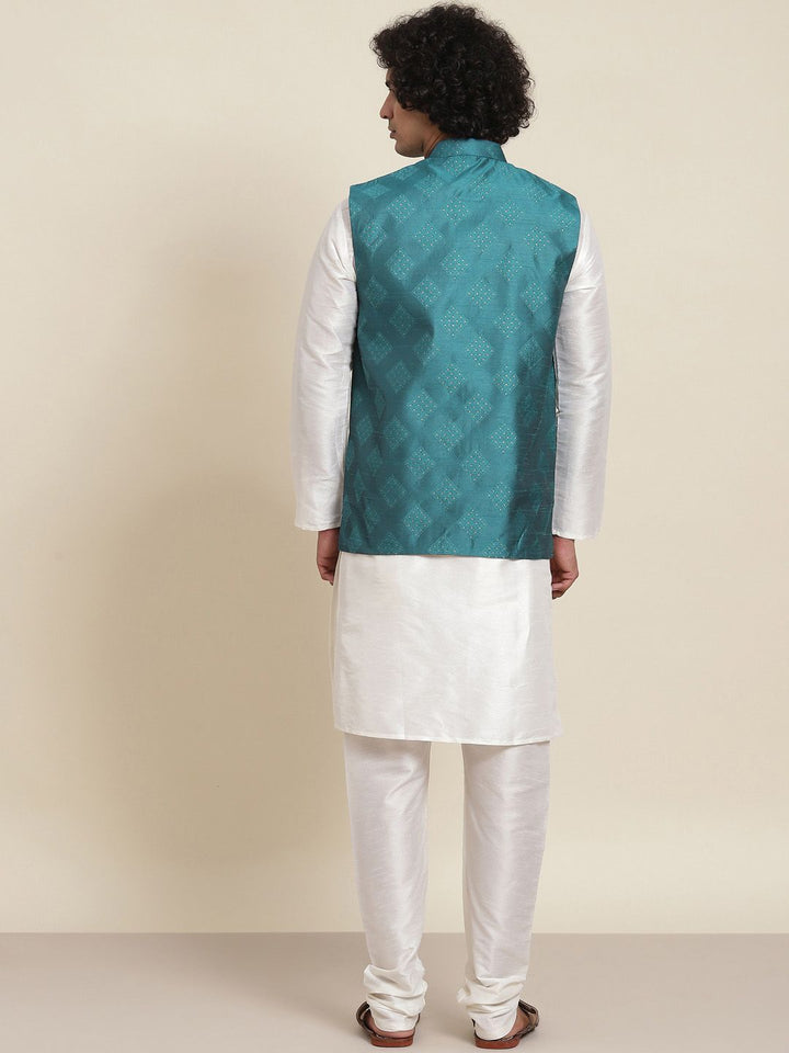 SOJANYA Mandarin Collar Straight Kurta with Pyjamas with Woven Design Nehru Jacket