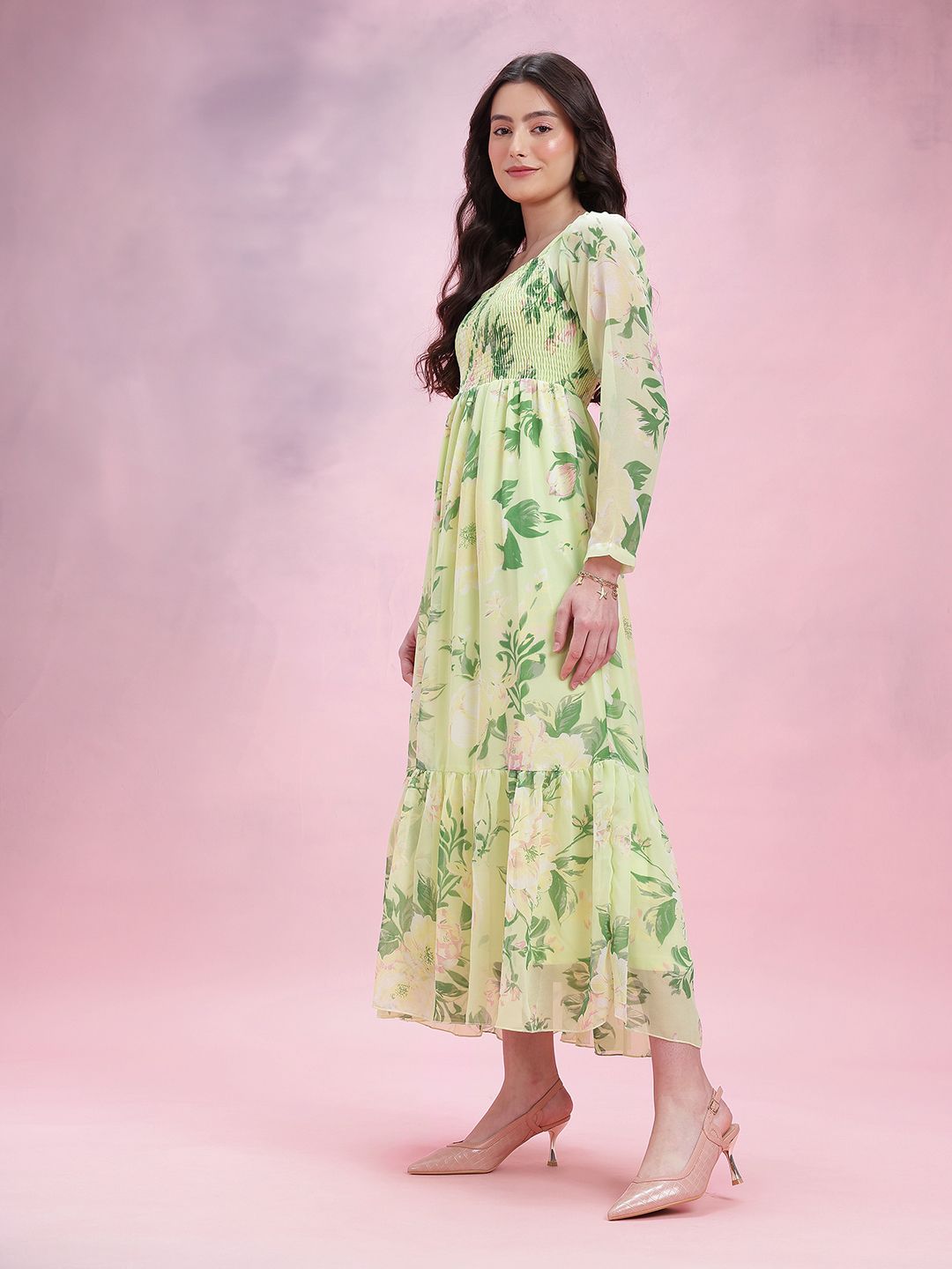 DressBerry Floral Print Square Neck Pleated Smocked Midi Dress