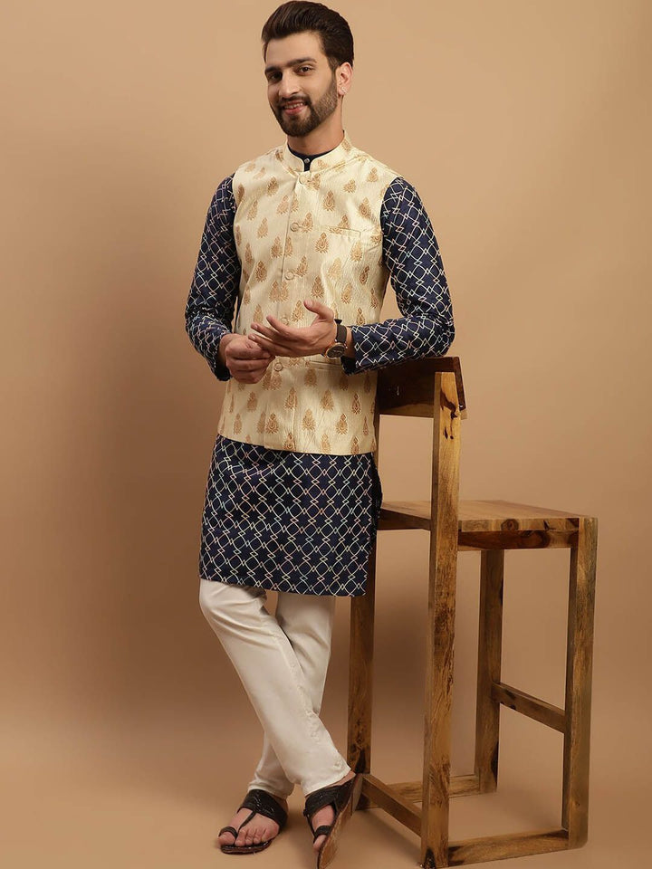 SOJANYA Kurta Biasa Sulam Geometrik Dengan Jaket Churidar & Nehru