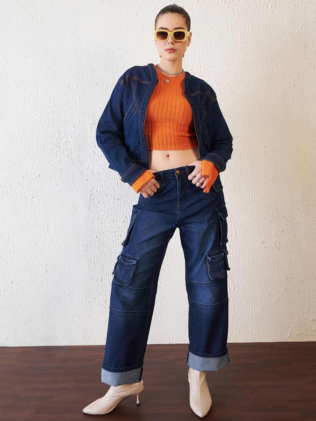 Antheaa Women Blue Comfort Relaxed Fit High-Rise Clean Look Stretchable Denim Cargo