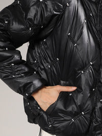 Kampus Sutra Hitam Hiasan Windcheater Puffer Jaket