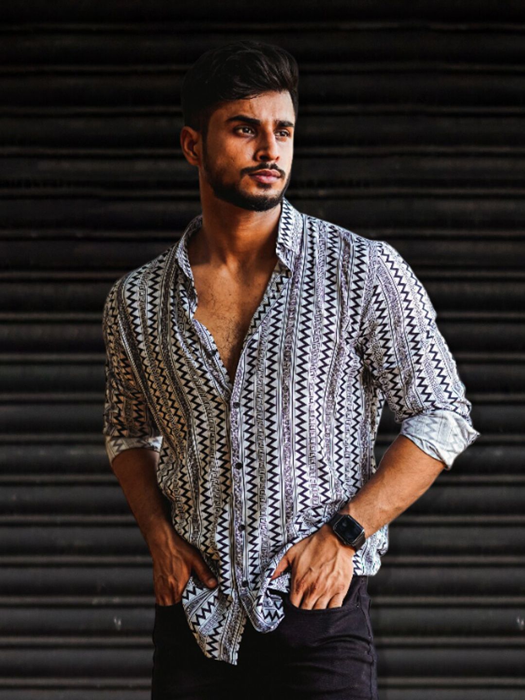 Powerlook White & Black Geometric Printed India Slim Oversized Drop-Shoulder Shirt