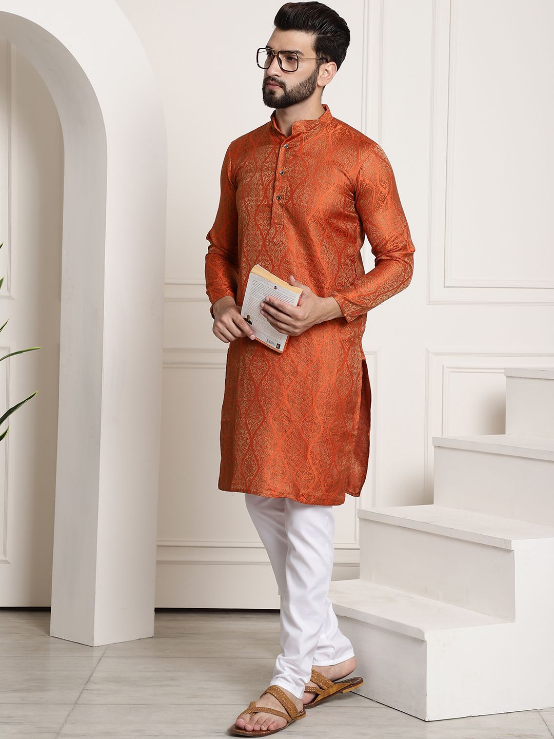 SOJANYA Men Orange & Golden Ethnic Motifs Woven Design Kurta with Churidar