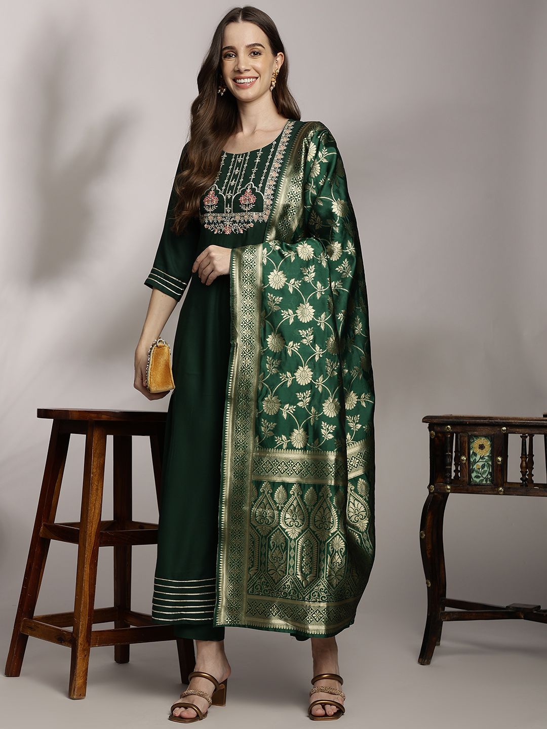 Anouk Women Floral Embroidered Pleated Kurta with Trousers & Dupatta