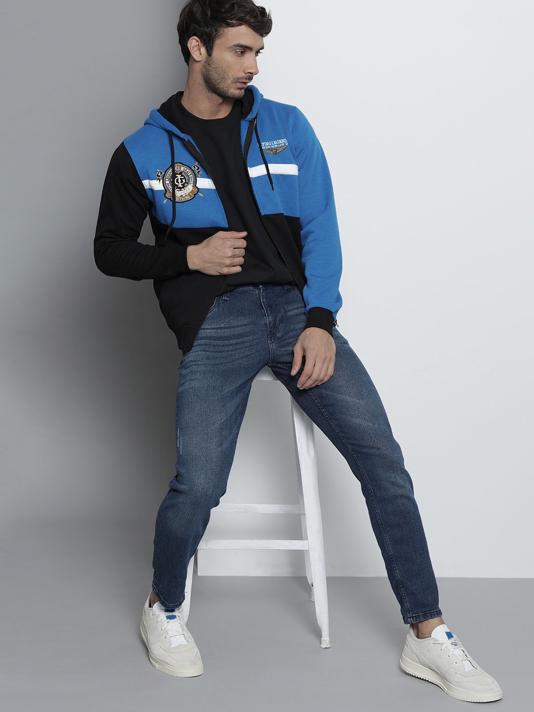 The Indian Garage Co Men Blue Colourblocked Hooded Sweatshirt