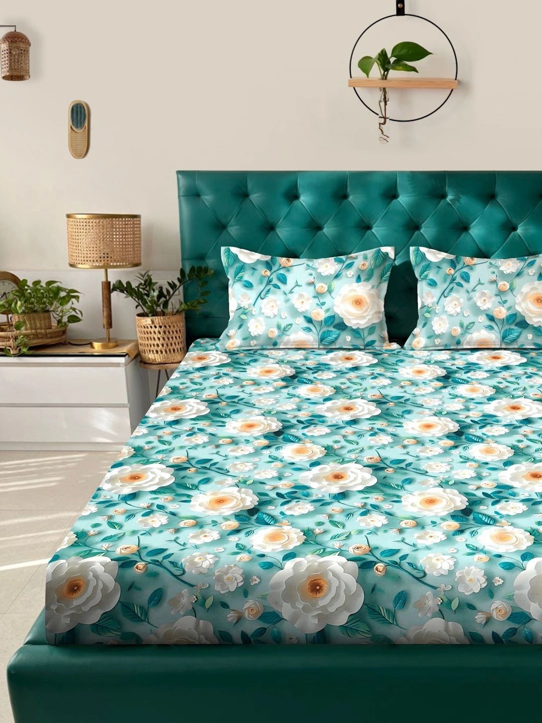 Moda Rapido X KLOTTHE Turquoise Biru & Putih Bunga 300 TC Cadar King dengan 2 Sarung Bantal