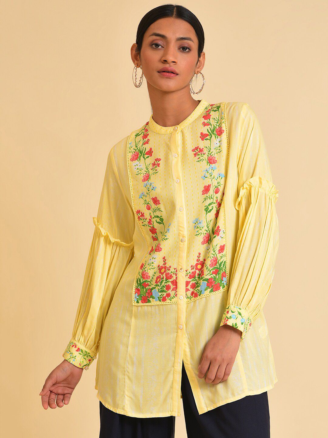 W Yellow & Red Floral Printed Mandarin Collar Shirt Style Longline Top