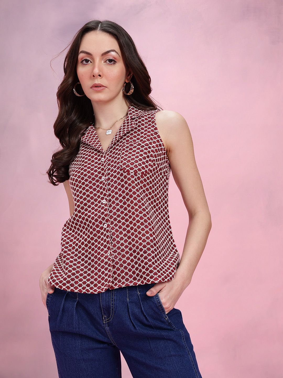 DressBerry Geometric Self-Design Cuban Collar Crochet Semi-Sheer Casual Shirt