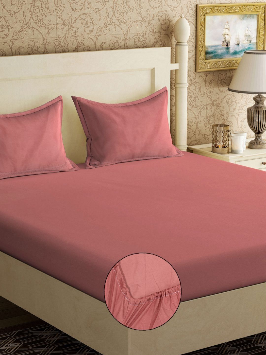 KLOTTHE Kids Rust Polycotton 300 TC Fitted King Bedsheet with 2 Pillow Covers-98 x 89 inches