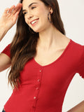 DressBerry Women Red Striped V-Neck Ribbed T-shirt