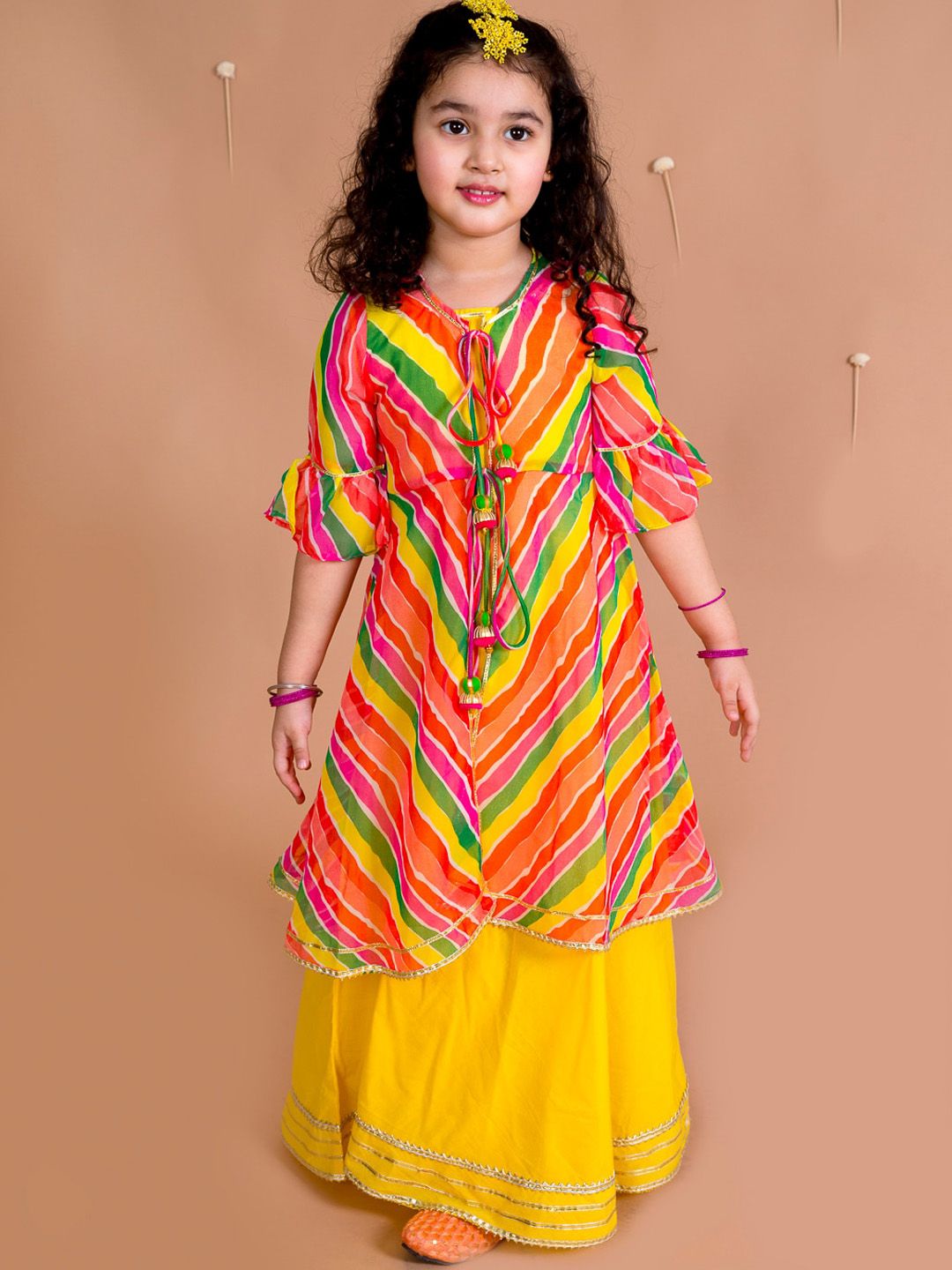 pspeaches Girls Yellow & Orange Geometric Printed Bell Sleeves Kurta