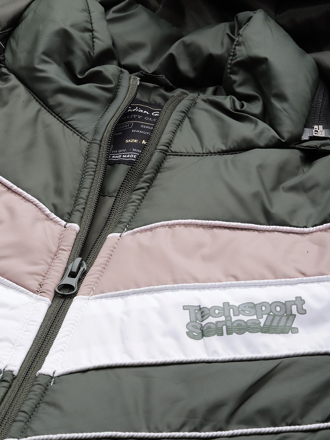 The Indian Garage Co Men Olive Green & White Striped Padded Jacket