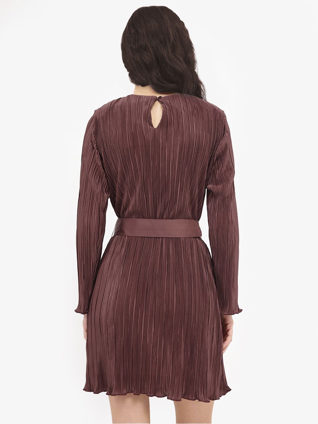 RAREISM Brown Self Design Long Sleeves A-Line Dress