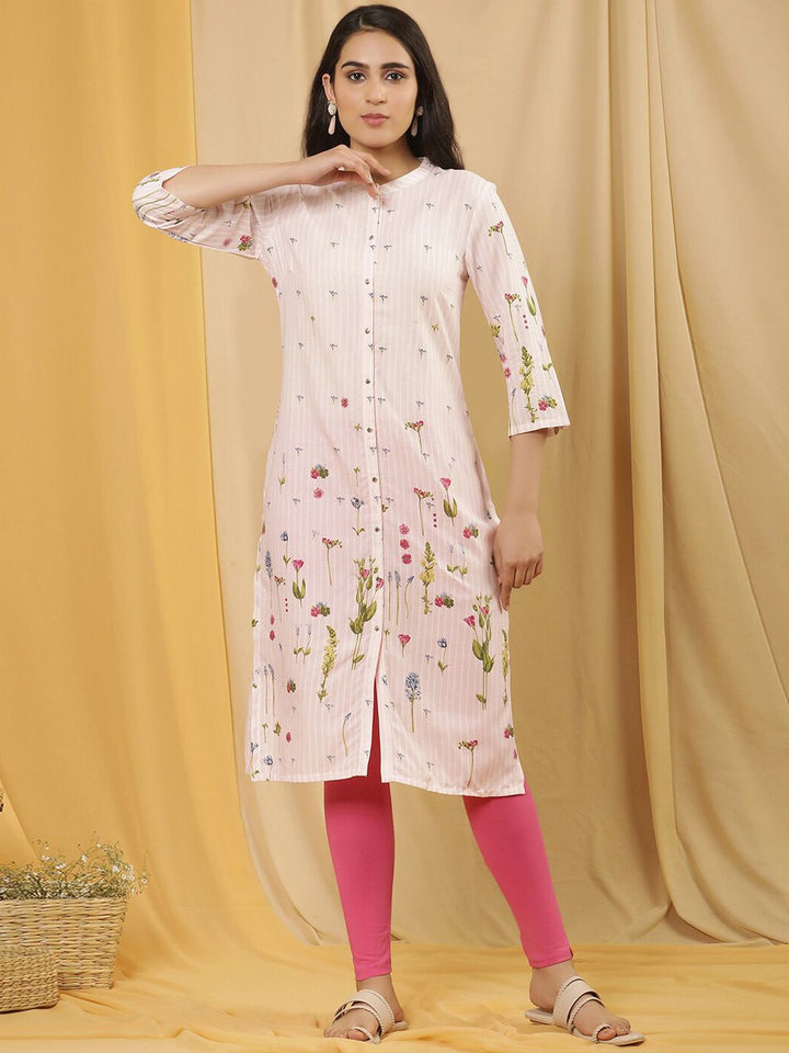 W Floral Printed Mandarin Collar Straight Kurta With Leggings
