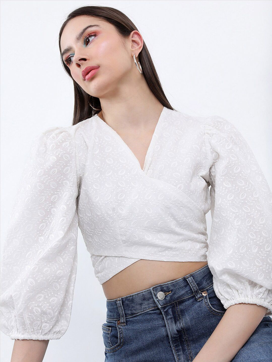 Tokyo Talkies Floral Embroidered V-Neck Puff Sleeve Wrap Crop Top