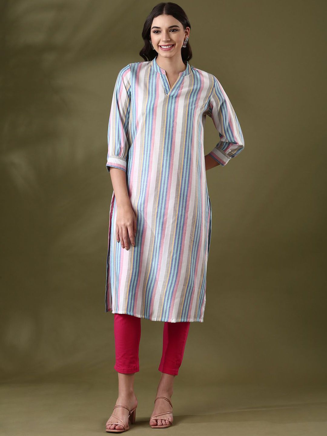 Anouk White Striped Mandarin Collar Pure Cotton Straight Kurta