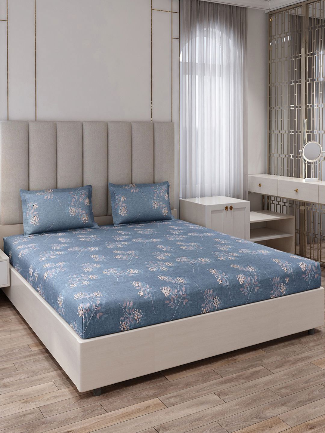Monte Carlo Blue & Beige Floral Printed 130 TC King Bedsheet Set 2.75 m x 2.75 m
