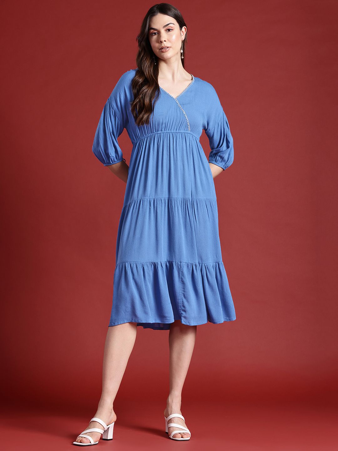 all about you Puff Sleeves Tiered Midi Wrap Style Dress
