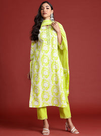 Indo Era Floral Printed Thread Work Pure Cotton Kurta With Trousers & Dupatta