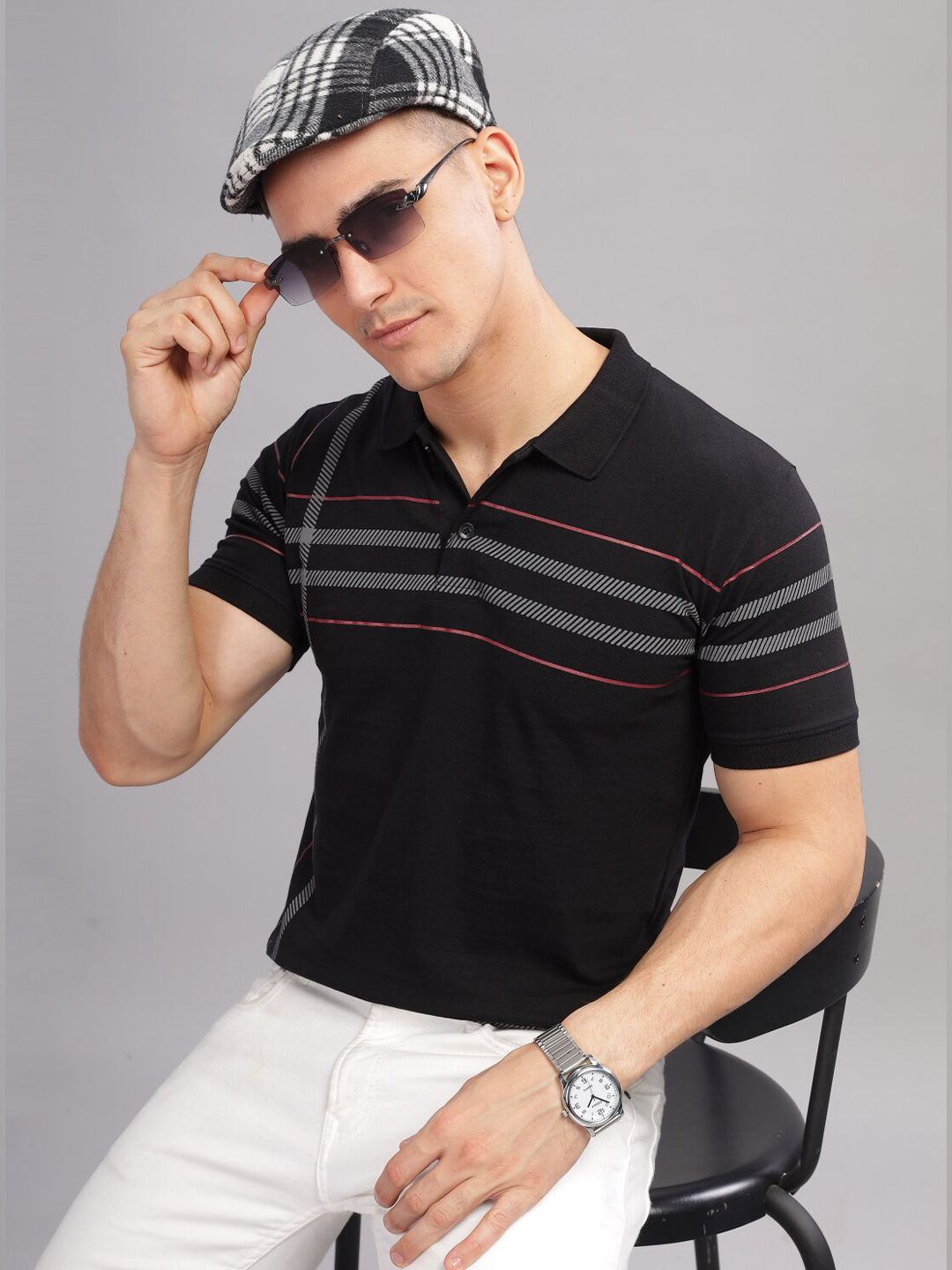 ADRO Striped Oversized Polo Collar Pure Cotton T-shirt