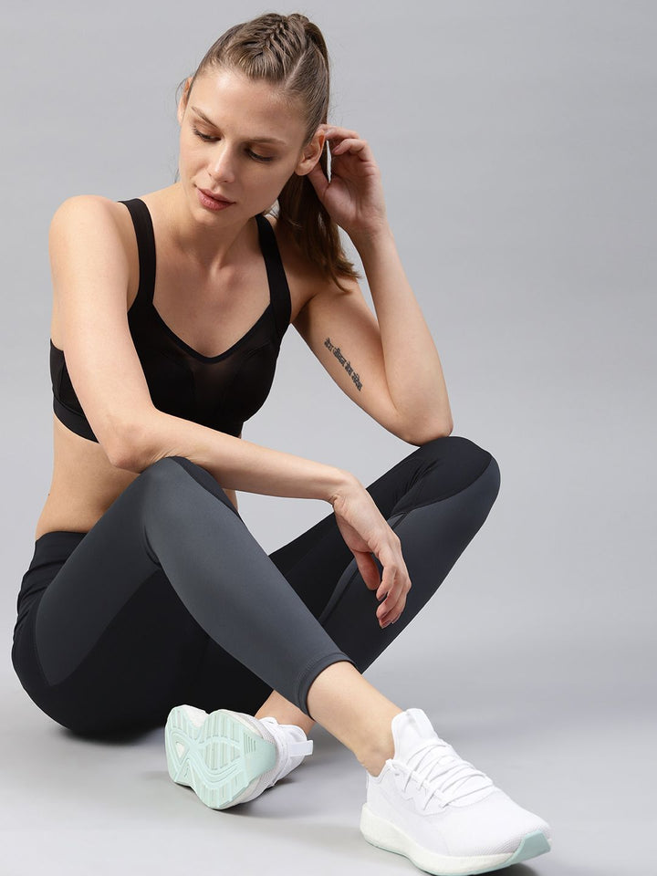 HRX by Hrithik Roshan Women Charcoal Grey & Black Colourblocked Rapid Dry Training Tights