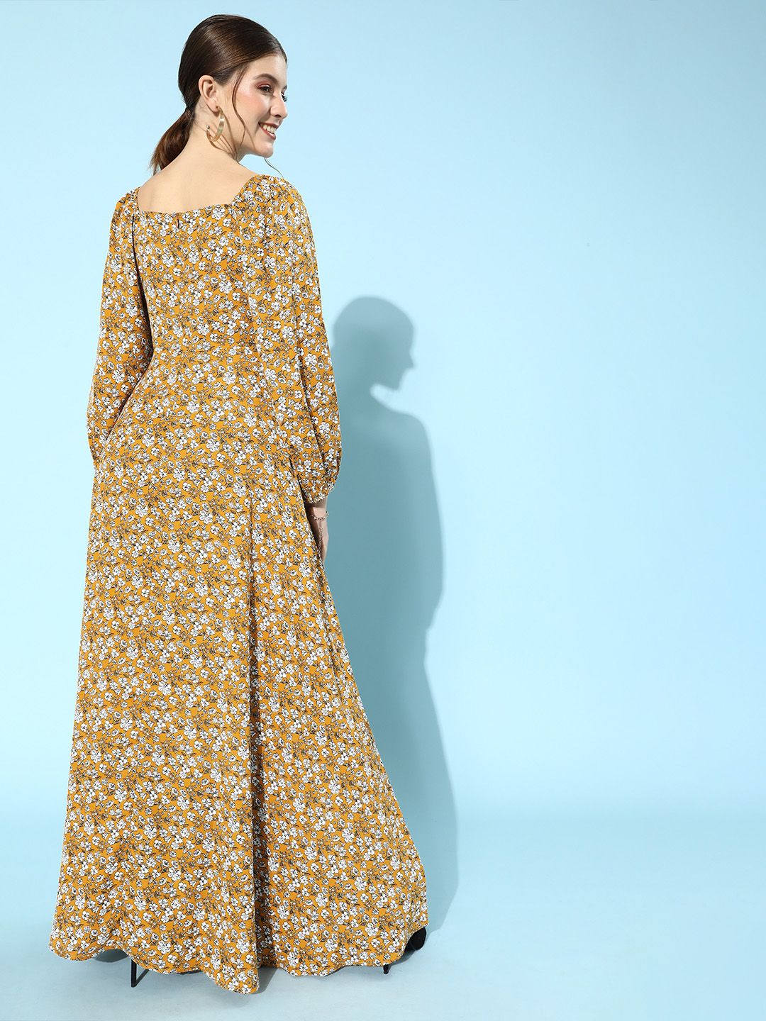 Berrylush Women Stylish Mustard Floral Puff Sleeves Dress