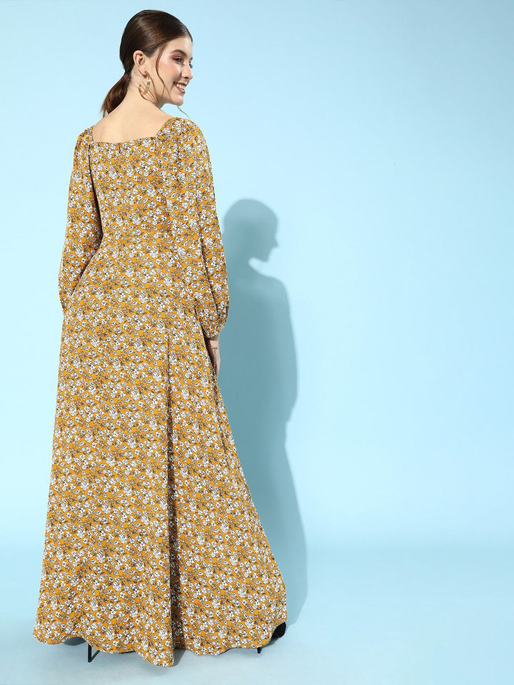 Berrylush Women Stylish Mustard Floral Puff Sleeves Dress