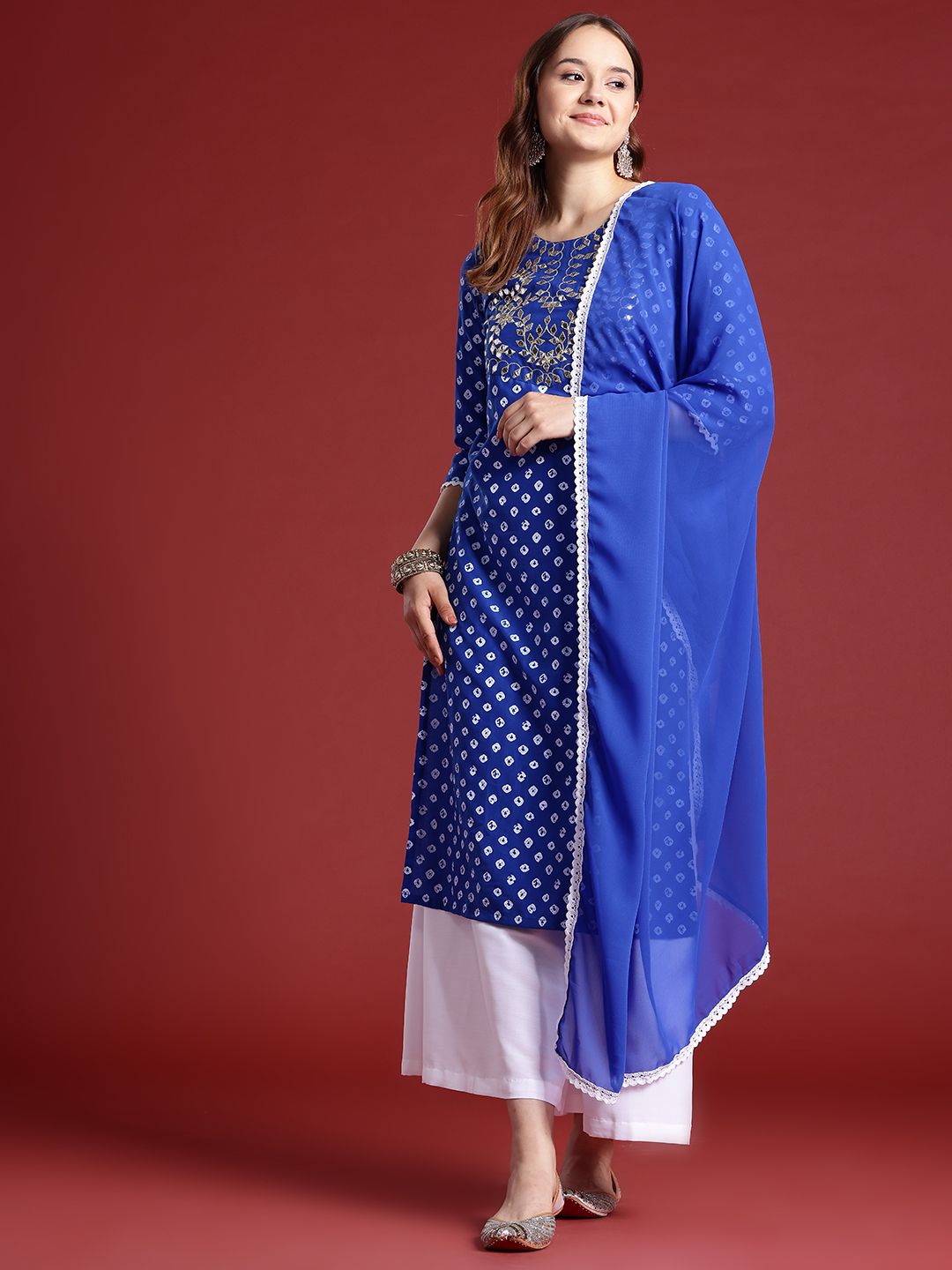 Anouk Bandhani Printed Mirror Work Embellished Kurta Set