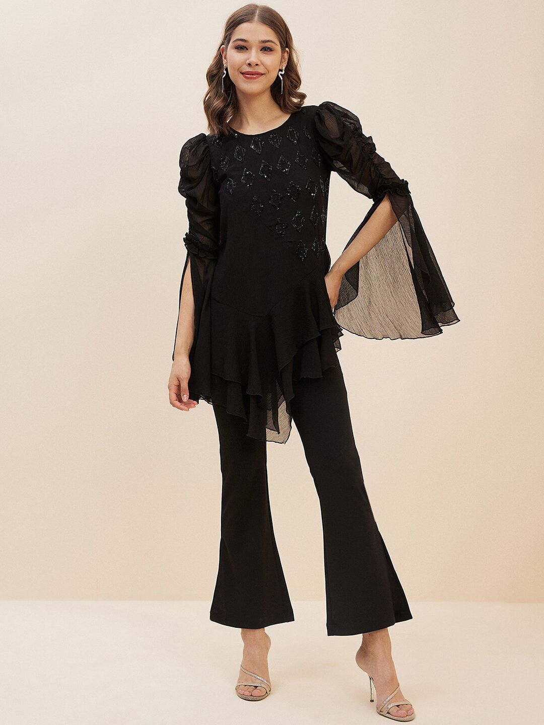 Antheaa Black Embellished Top With Trousers